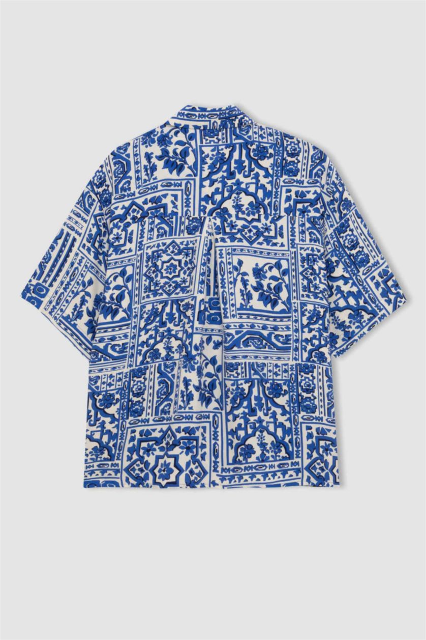 Kadın Saks Oversize Geniş Kalıp Desenli Kısa Kollu Gömlek