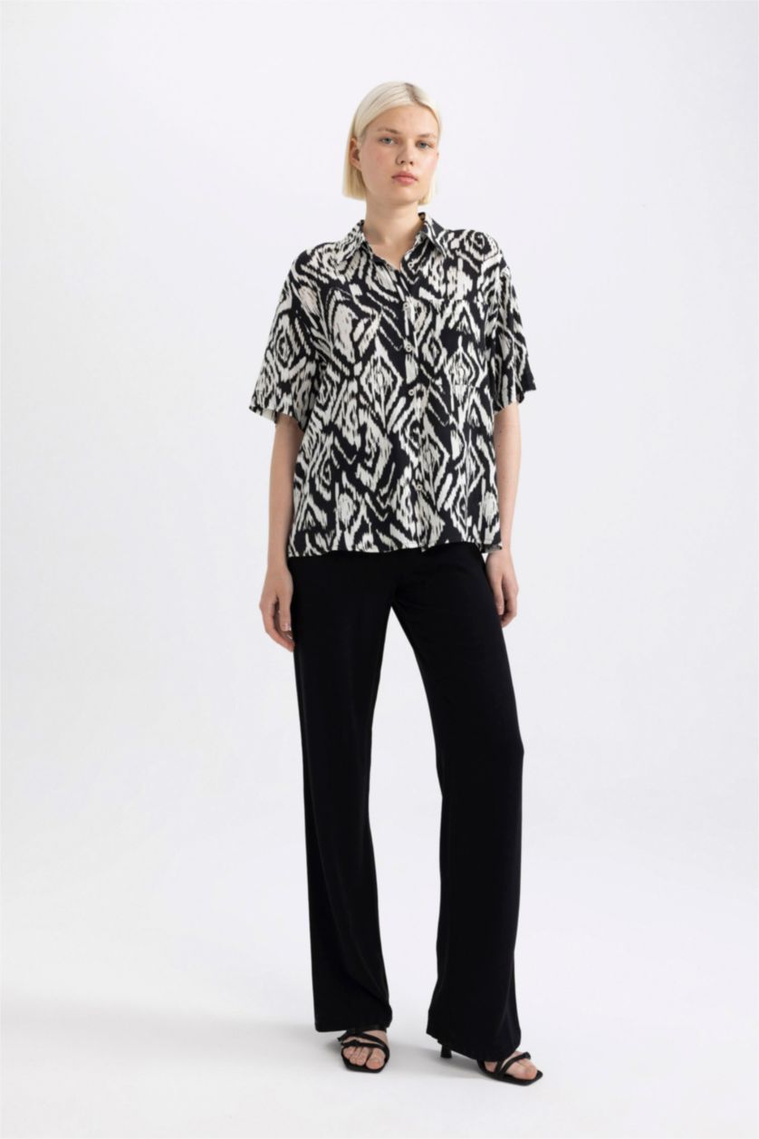 WOMAN Black Oversize Fit Patterned Short Sleeve Shirt