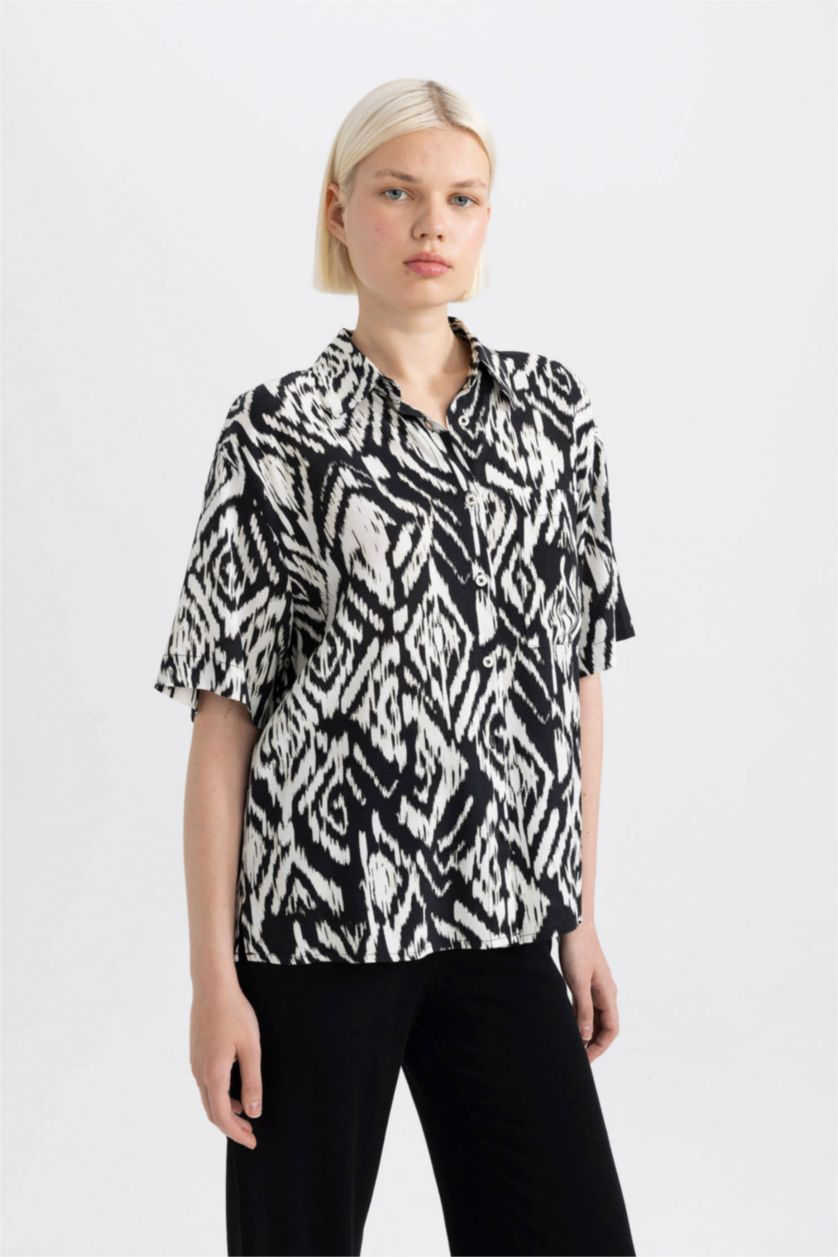 WOMAN Black Oversize Fit Patterned Short Sleeve Shirt