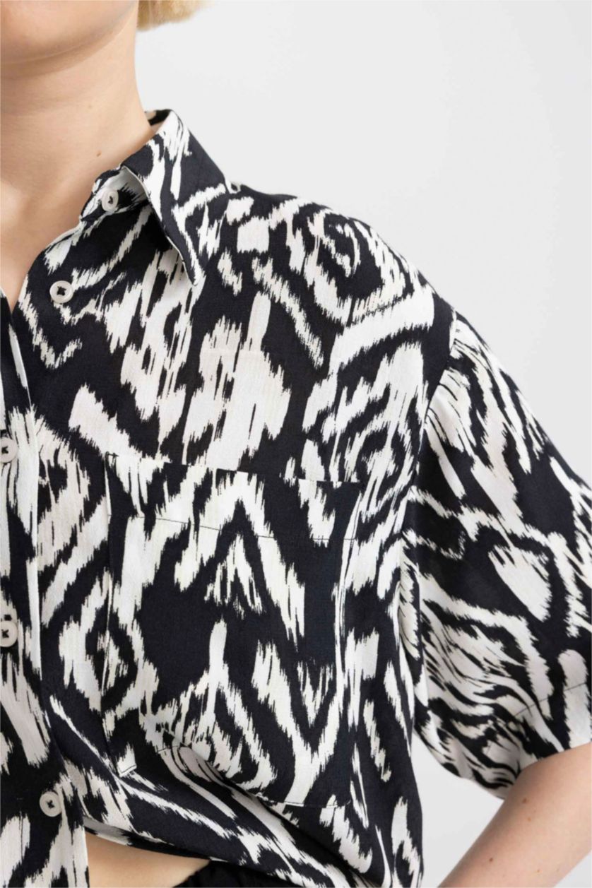 WOMAN Black Oversize Fit Patterned Short Sleeve Shirt