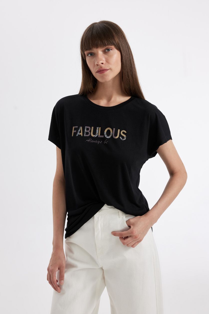 حريمي أسود تيشيرت نص كم برقبة مستديرة بطبعة حيوانات