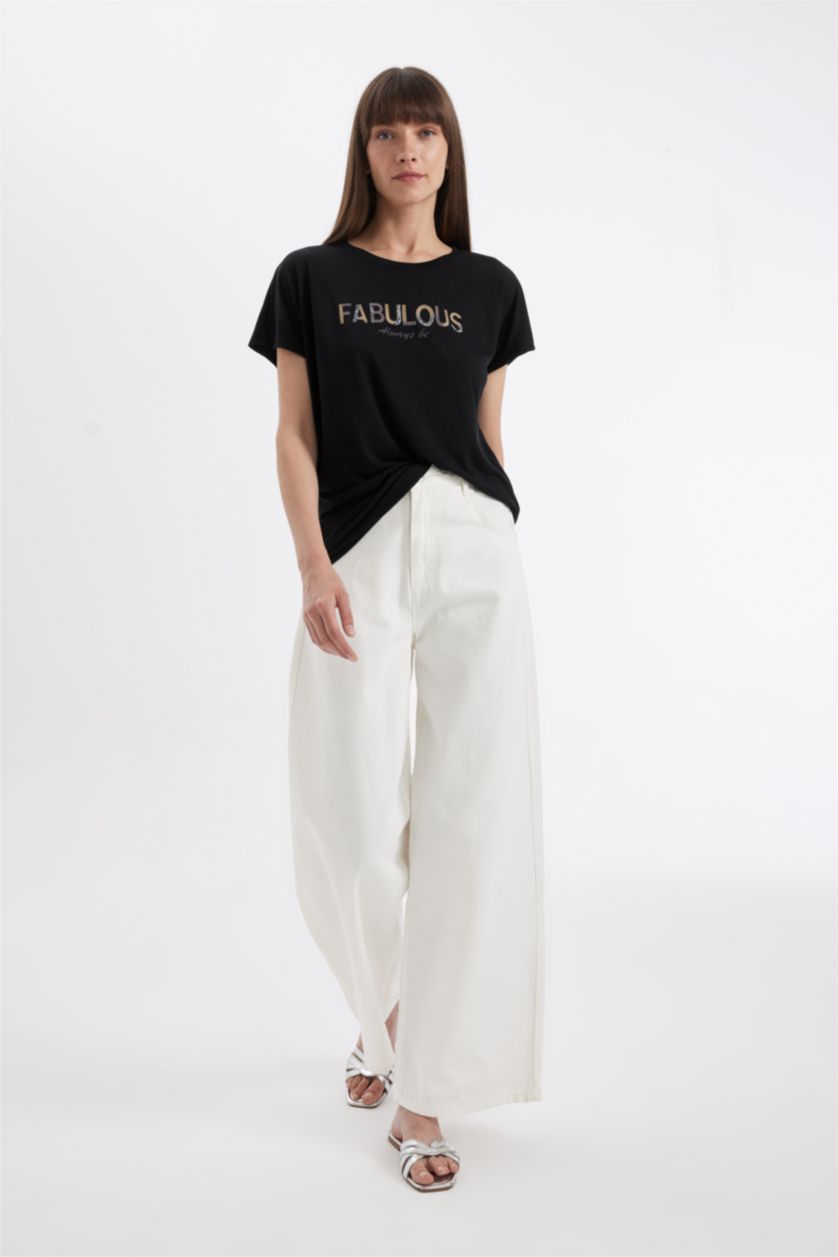 حريمي أسود تيشيرت نص كم برقبة مستديرة بطبعة حيوانات