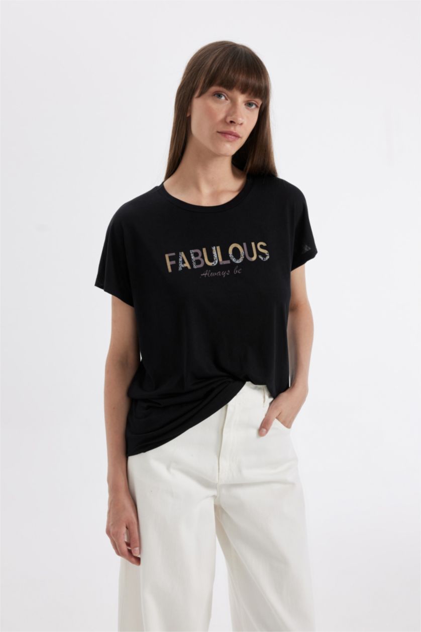 حريمي أسود تيشيرت نص كم برقبة مستديرة بطبعة حيوانات