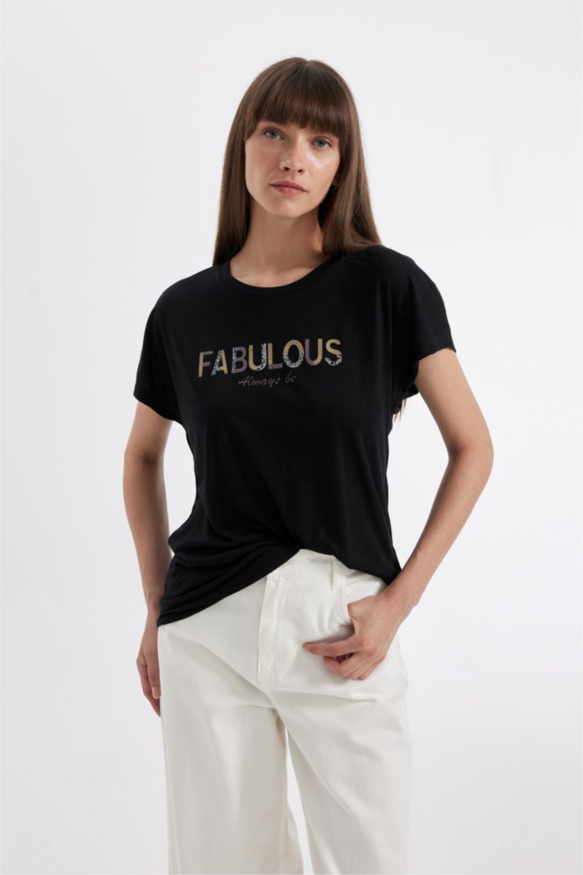 حريمي أسود تيشيرت نص كم برقبة مستديرة بطبعة حيوانات