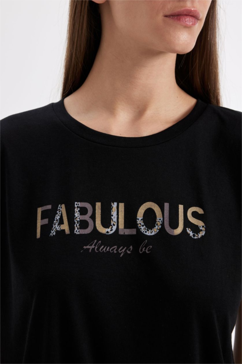 حريمي أسود تيشيرت نص كم برقبة مستديرة بطبعة حيوانات