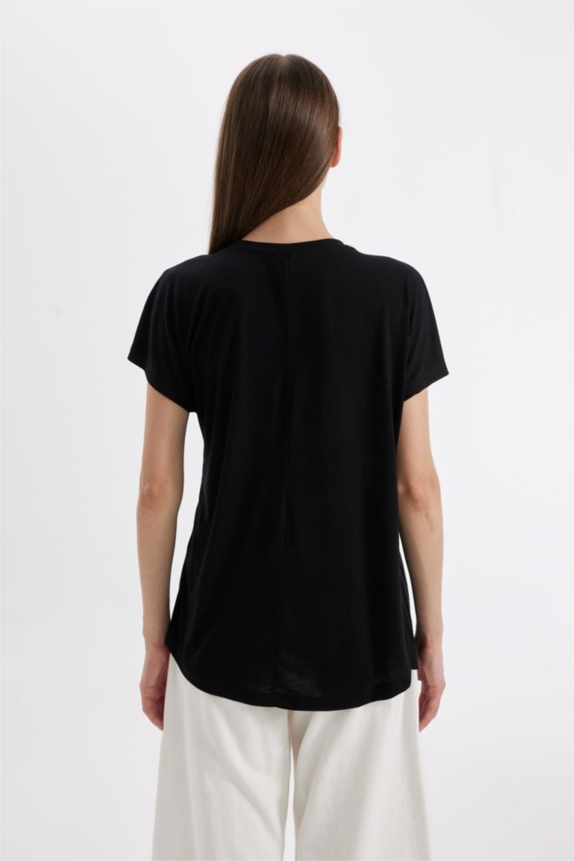 حريمي أسود تيشيرت نص كم برقبة مستديرة بطبعة حيوانات