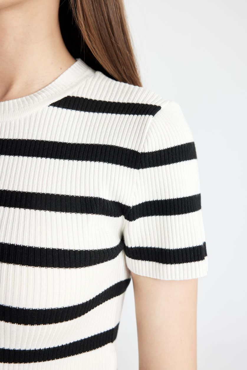 Kadın Ekru Crop Bisiklet Yaka Çizgili Kısa Kollu Triko Kazak
