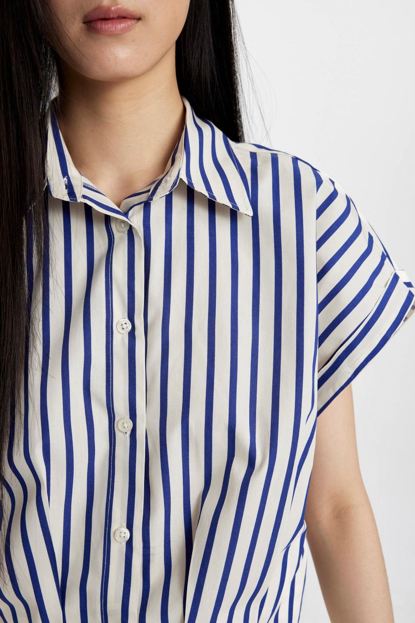 Kadın Menekşe Crop Çizgili Kısa Kollu Poplin Gömlek