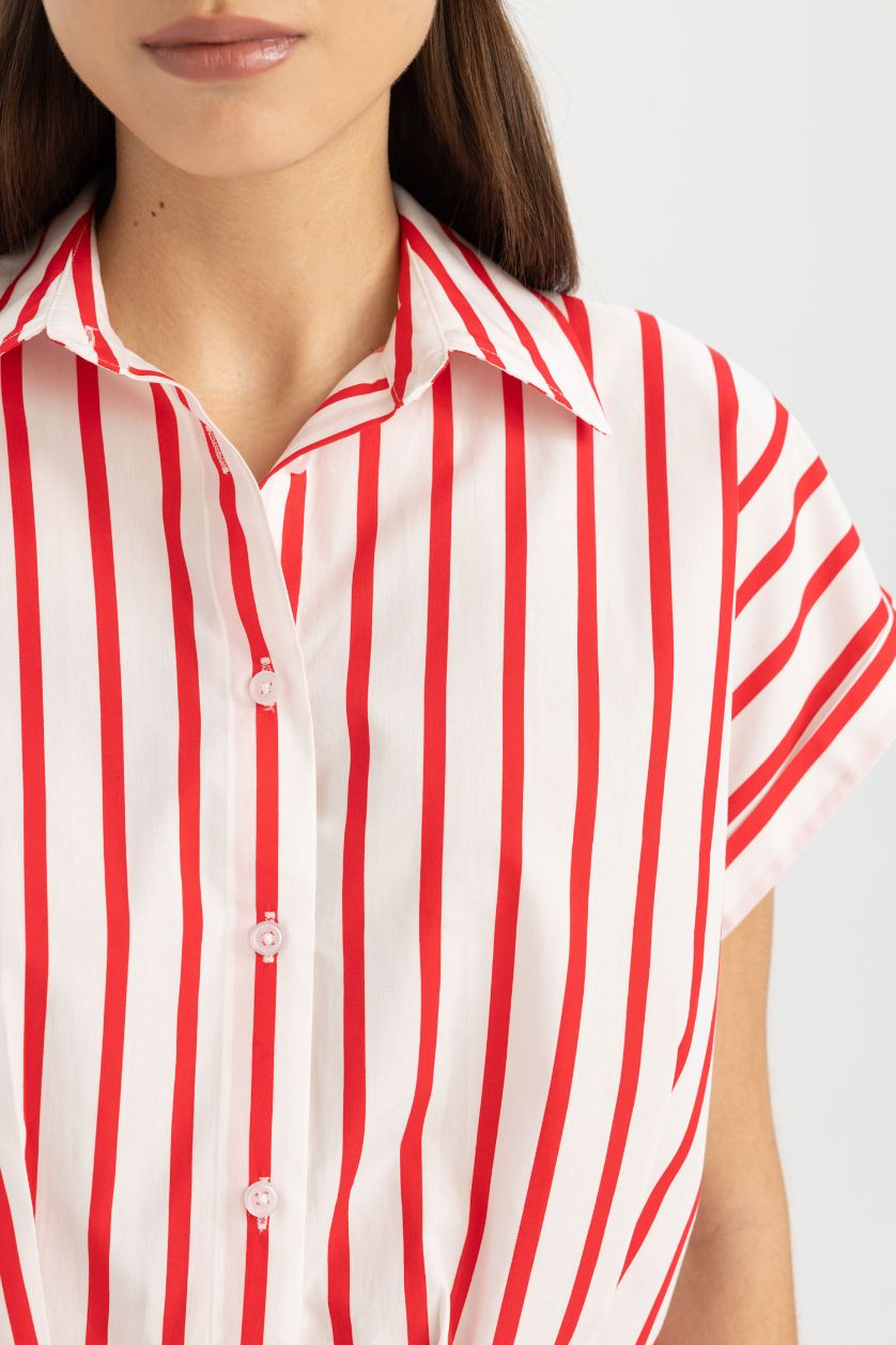 Kadın Kırmızı Crop Çizgili Kısa Kollu Poplin Gömlek