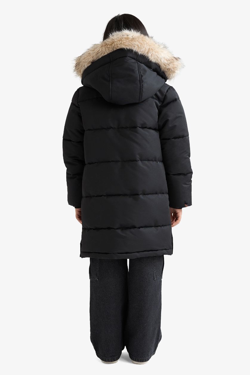 Kız Çocuk - Genç Kız Siyah Kapüşonlu Fermuarlı Parka Kız Çocuk