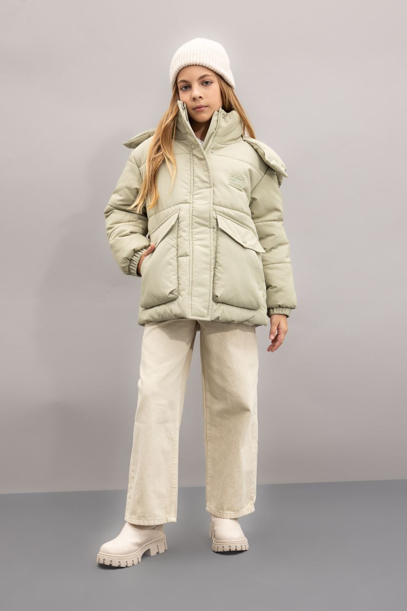 Kız Çocuk - Genç Kız Haki Kız Çocuk Su Geçirmez Şişme Mont Kapüşonlu Rüzgar Geçirmez Ribana Kollu Cepli