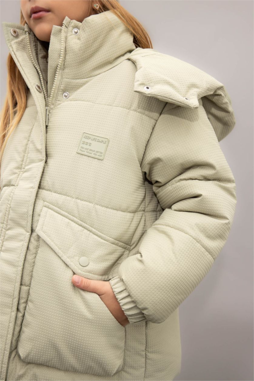 Kız Çocuk - Genç Kız Haki Kız Çocuk Su Geçirmez Şişme Mont Kapüşonlu Rüzgar Geçirmez Ribana Kollu Cepli