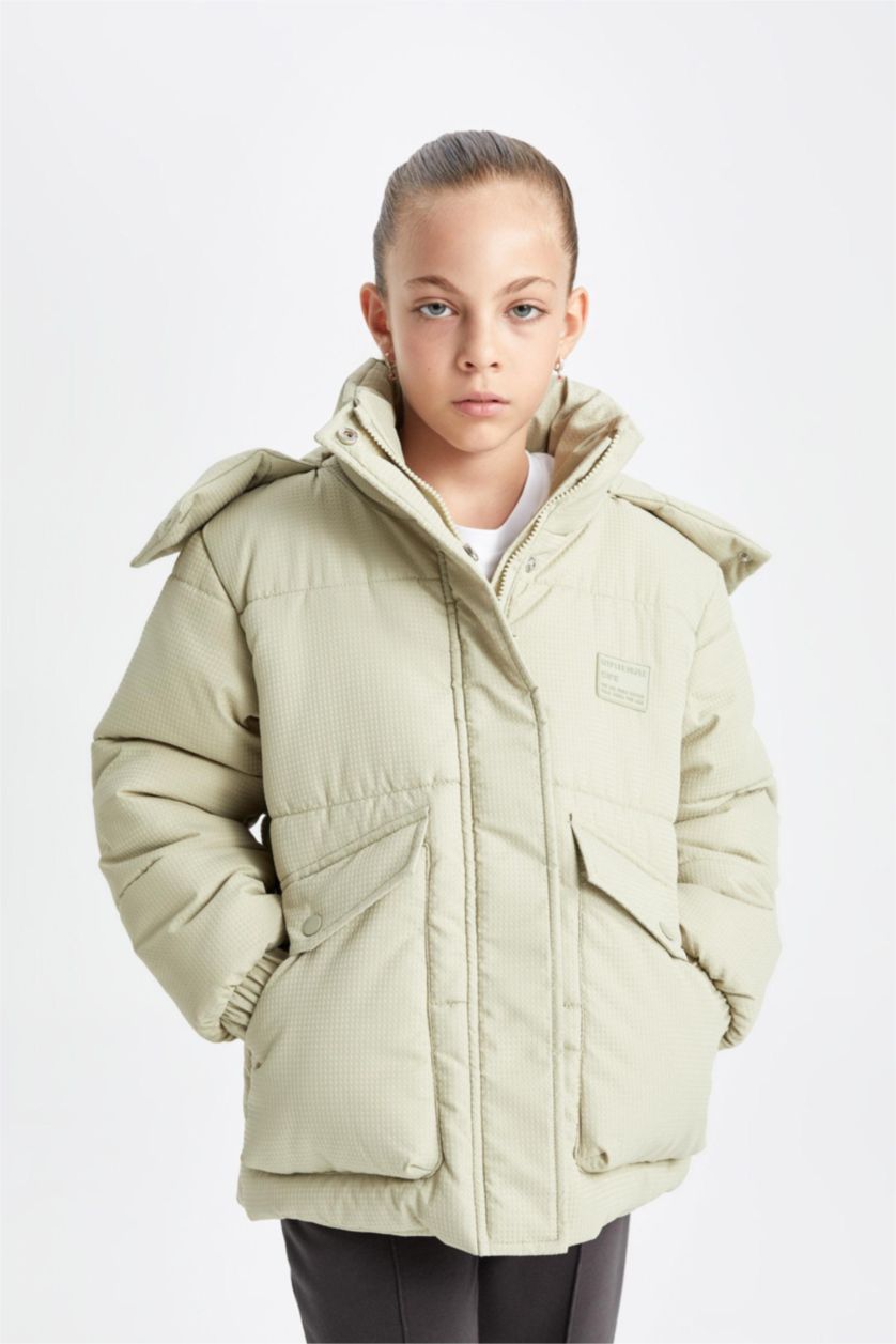 Kız Çocuk - Genç Kız Haki Kız Çocuk Su Geçirmez Şişme Mont Kapüşonlu Rüzgar Geçirmez Ribana Kollu Cepli