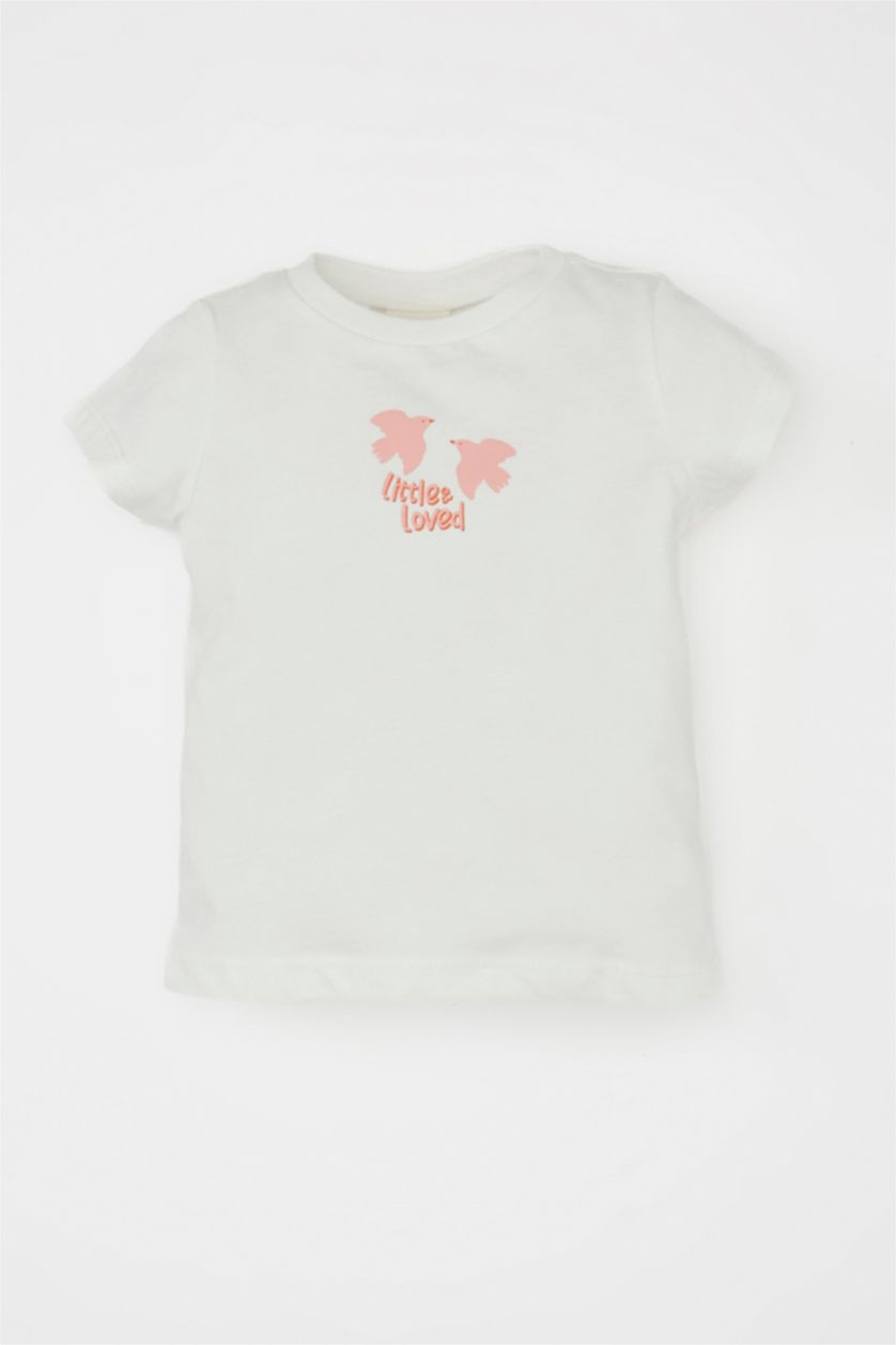 Kız Bebek Ekru Kız Bebek 2'li Takım Çiçekli Penye Kısa Kollu Tişört Salopet