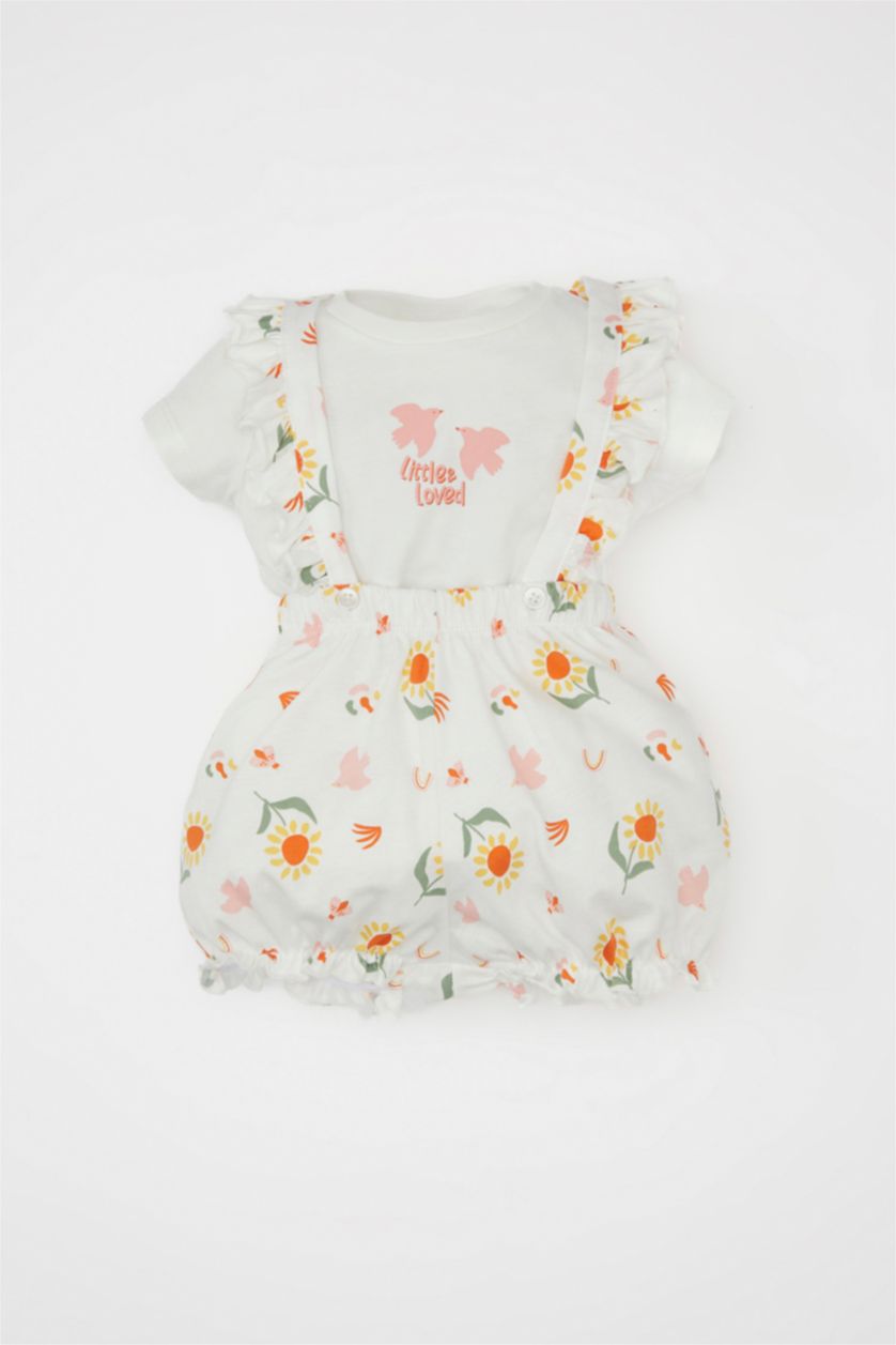 Kız Bebek Ekru Kız Bebek 2'li Takım Çiçekli Penye Kısa Kollu Tişört Salopet