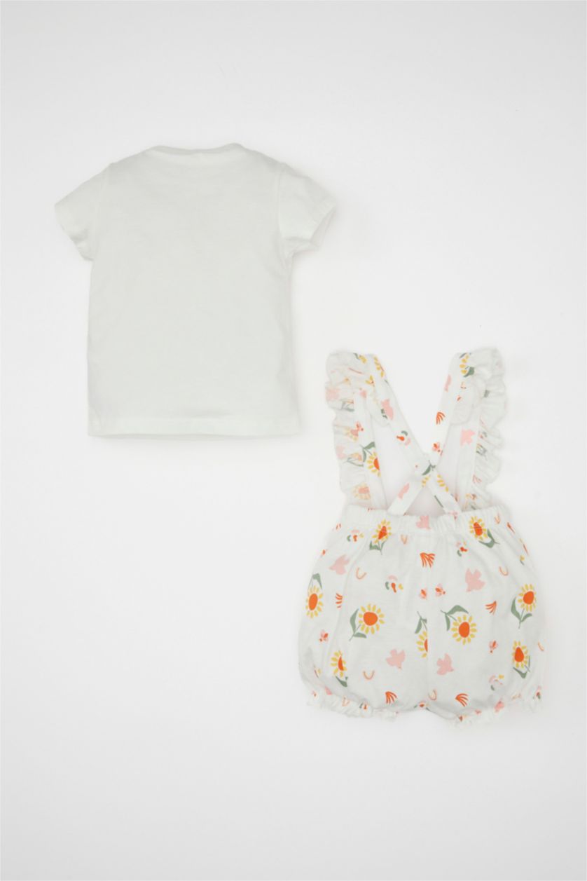 Kız Bebek Ekru Kız Bebek 2'li Takım Çiçekli Penye Kısa Kollu Tişört Salopet