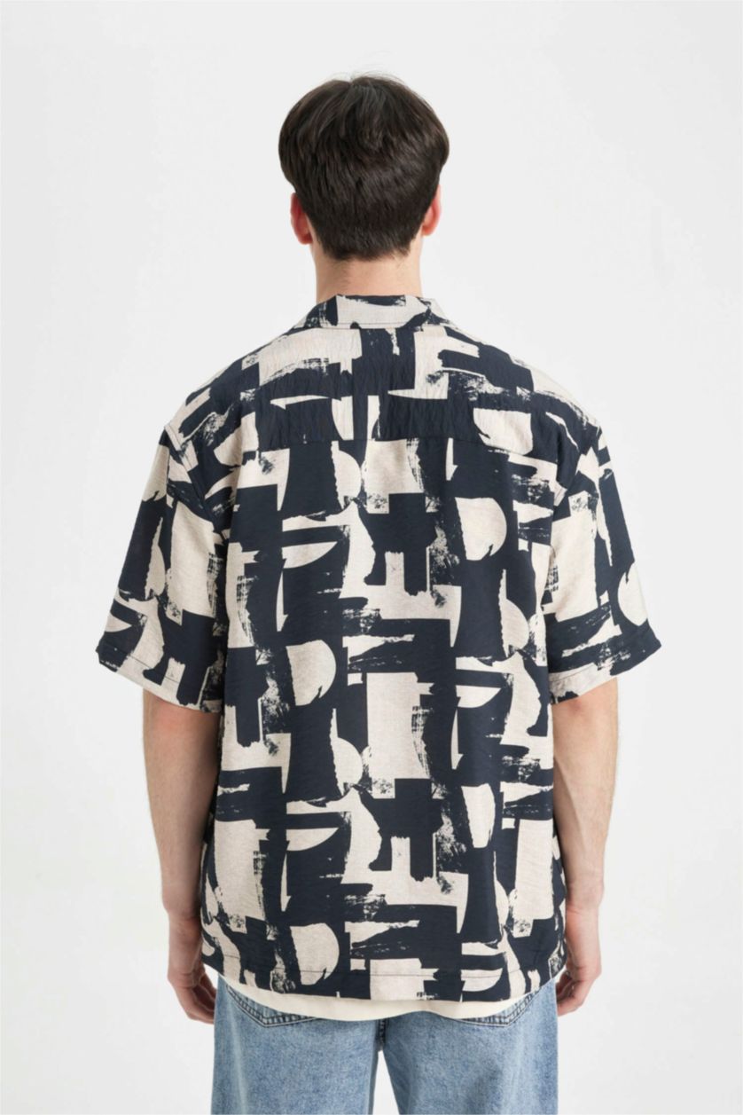 Erkek Siyah Relax Fit Yazlık Polo Yaka Baskılı Kısa Kollu Gömlek