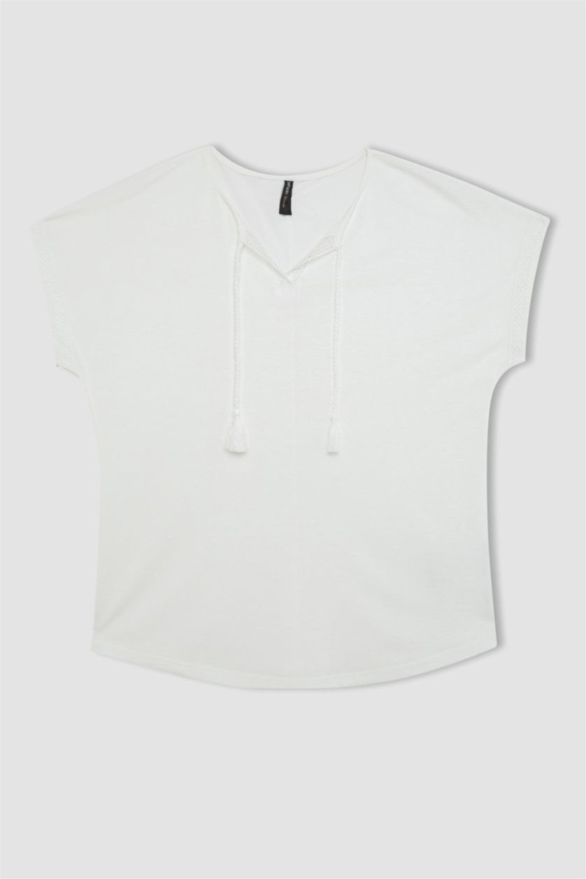 FEMME Écru T-Shirt à Col rond et Manches Courtes