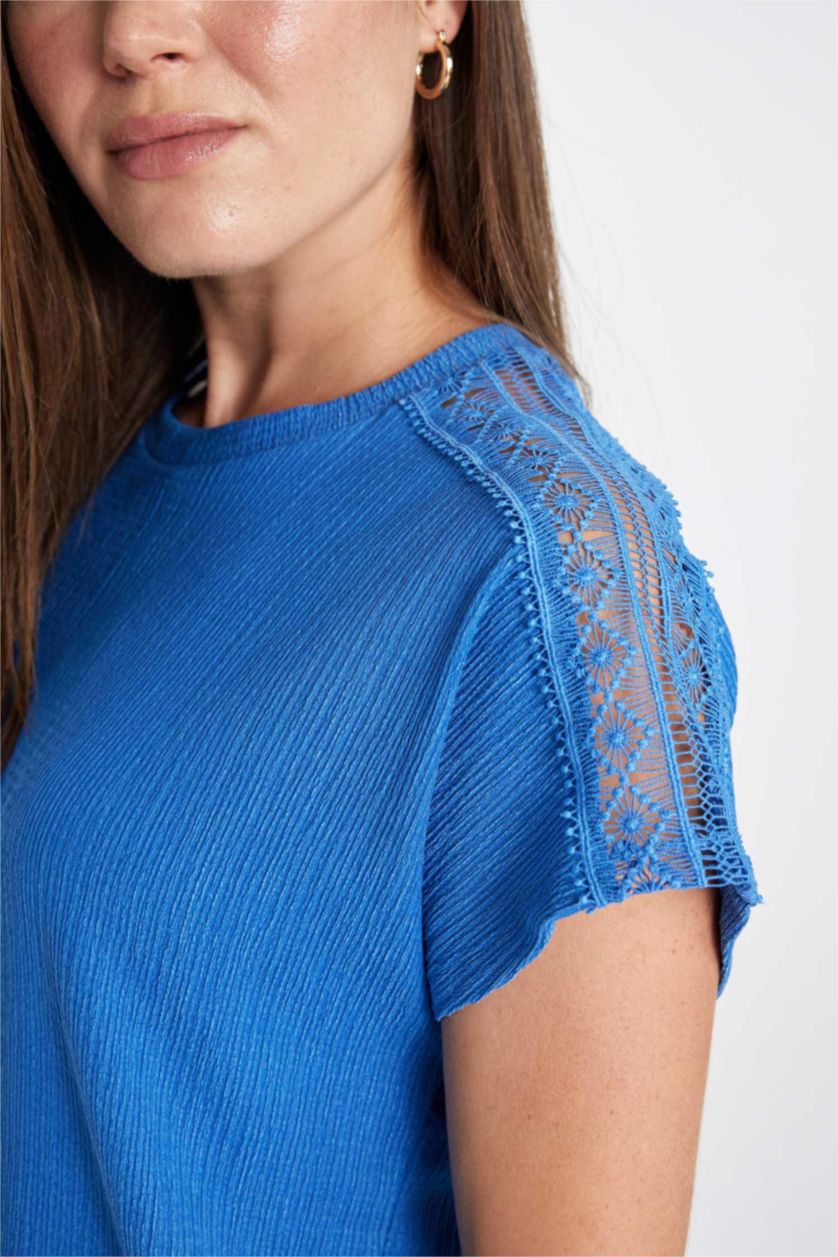 نساء اللون الملكي تيشيرت نص كم ورقبة مستديرة