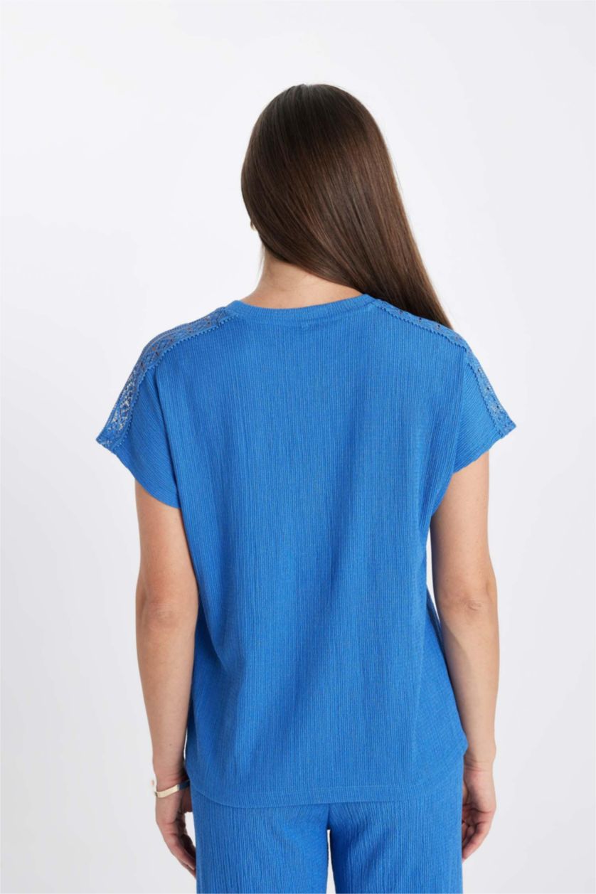 نساء اللون الملكي تيشيرت نص كم ورقبة مستديرة