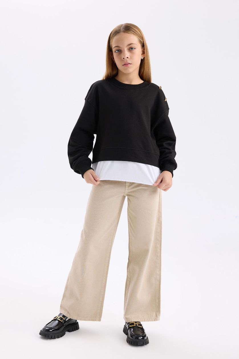 GIRLS & TEENS Beige Girl Wide Leg Cotton Trousers