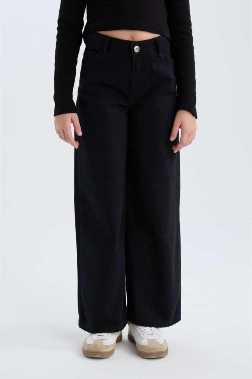 بناتي أسود بنطلون اسود بناتي وايد ليج قطن برجل واسع