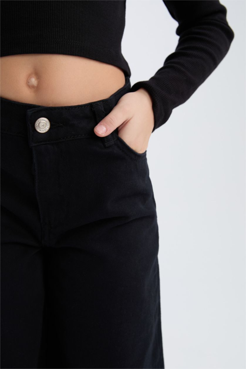 بناتي أسود بنطلون اسود بناتي وايد ليج قطن برجل واسع