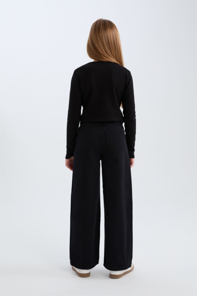 بناتي أسود بنطلون اسود بناتي وايد ليج قطن برجل واسع