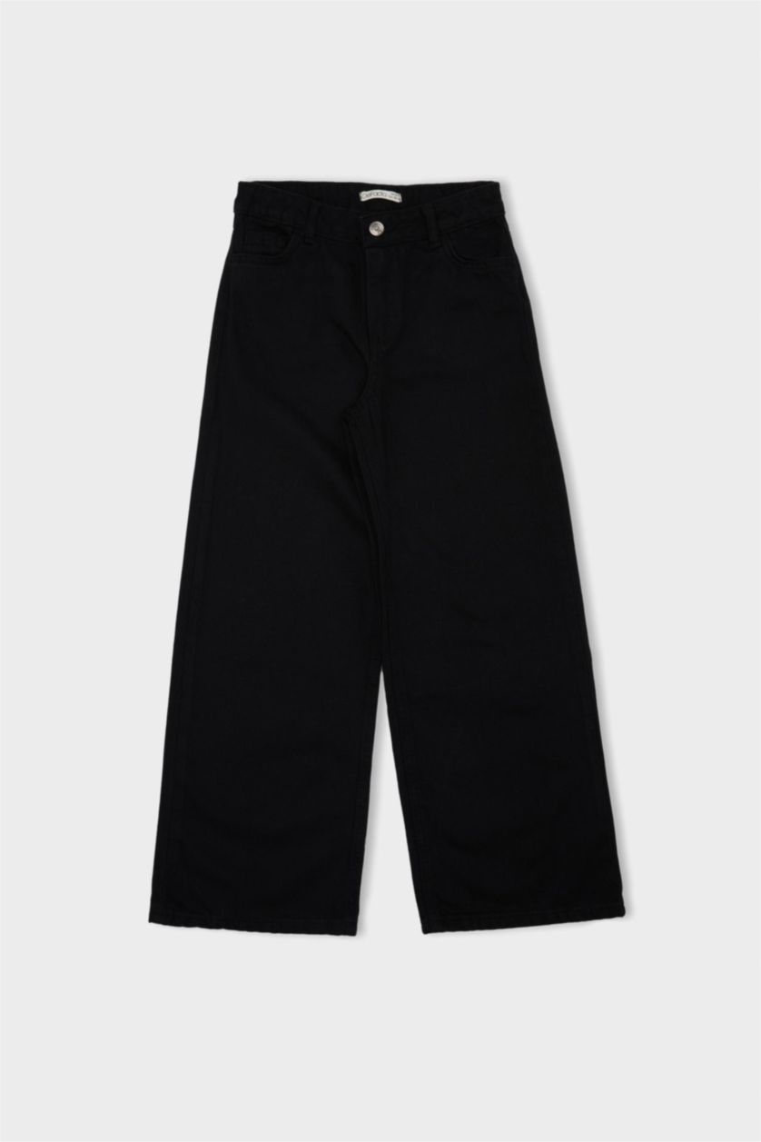 بناتي أسود بنطلون اسود بناتي وايد ليج قطن برجل واسع