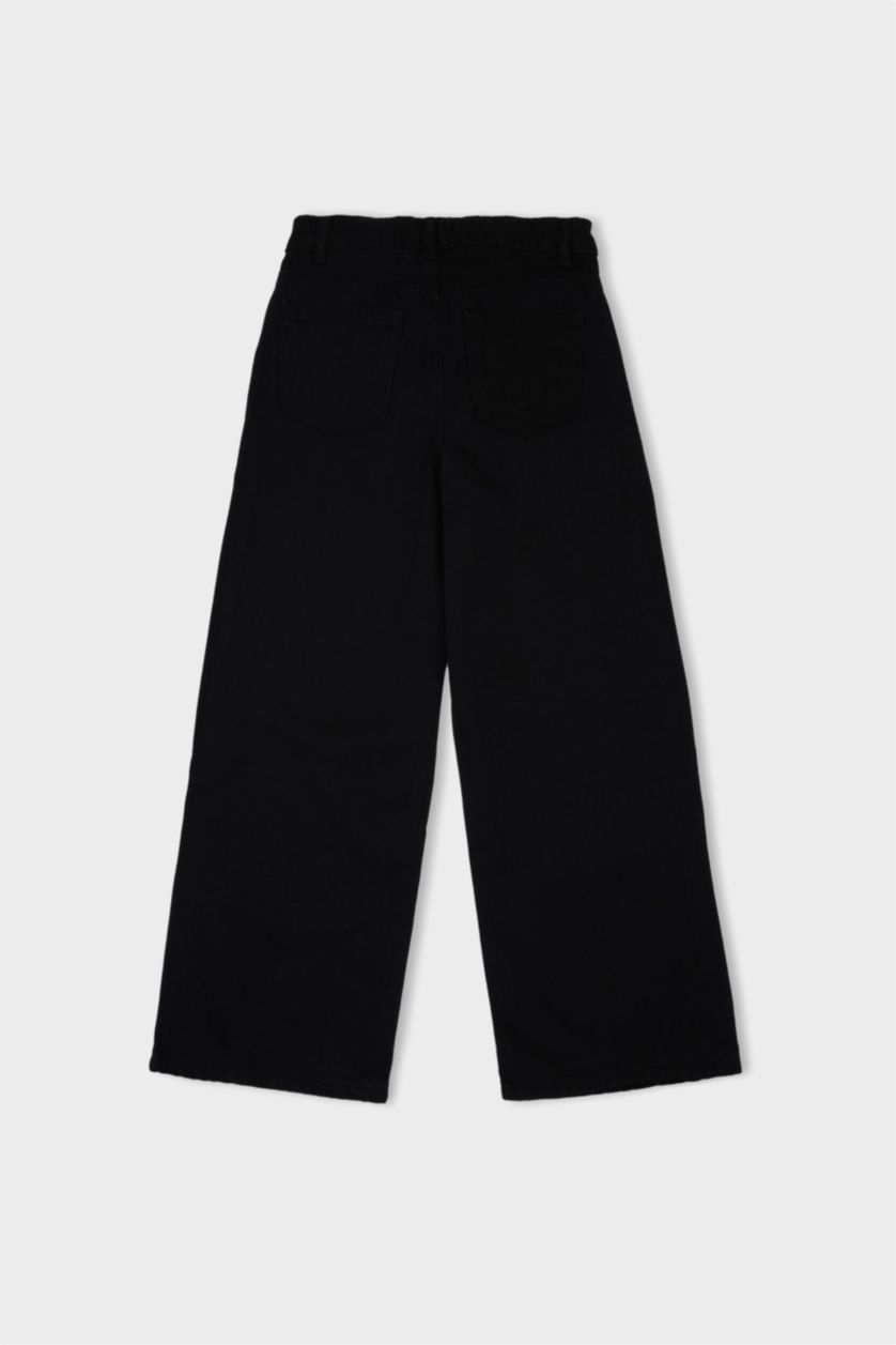 بناتي أسود بنطلون اسود بناتي وايد ليج قطن برجل واسع