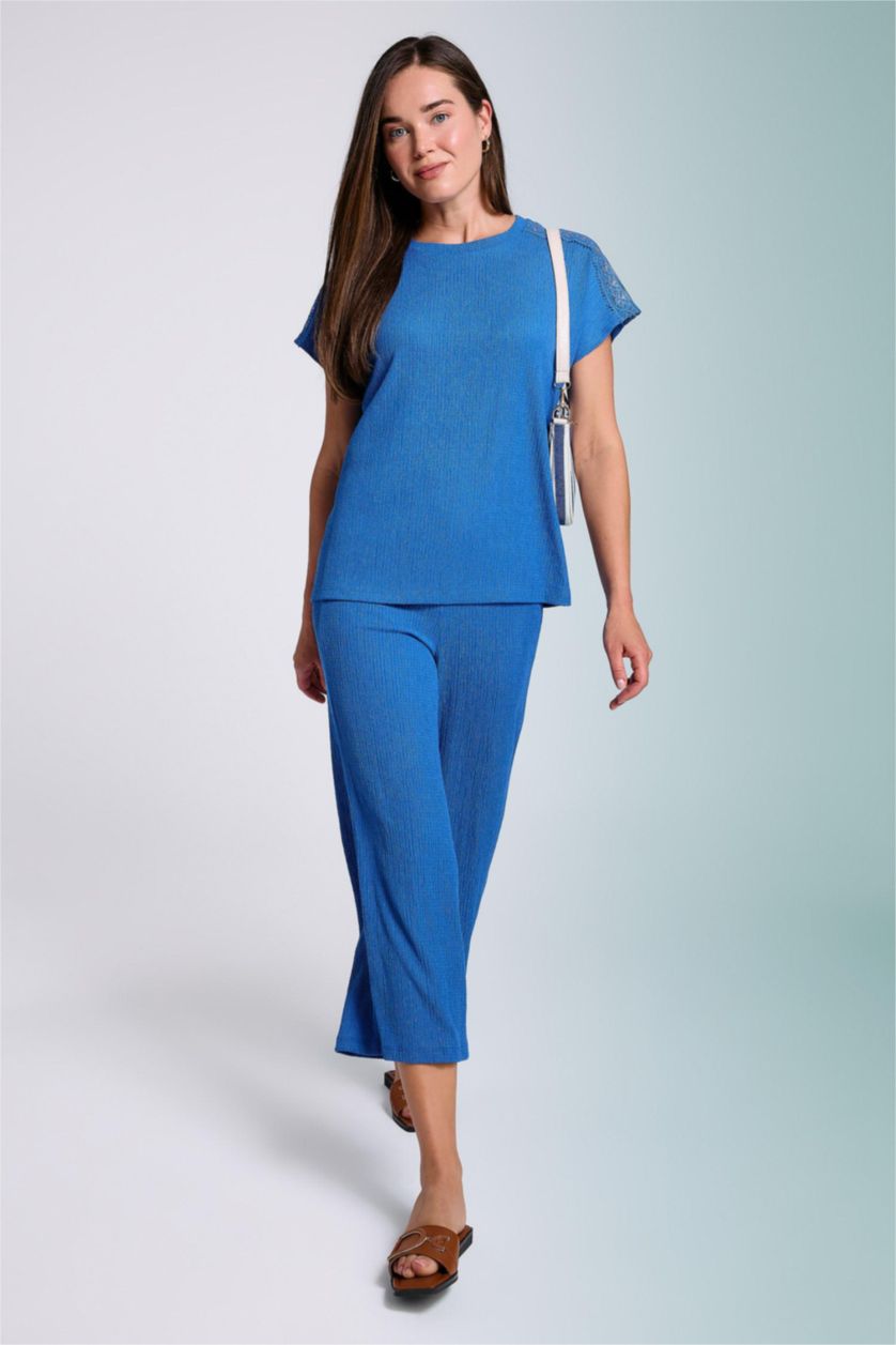 Kadın Royal Bürümcük Kapri Pantolon Wide Leg Geniş Bol Paça Cepli