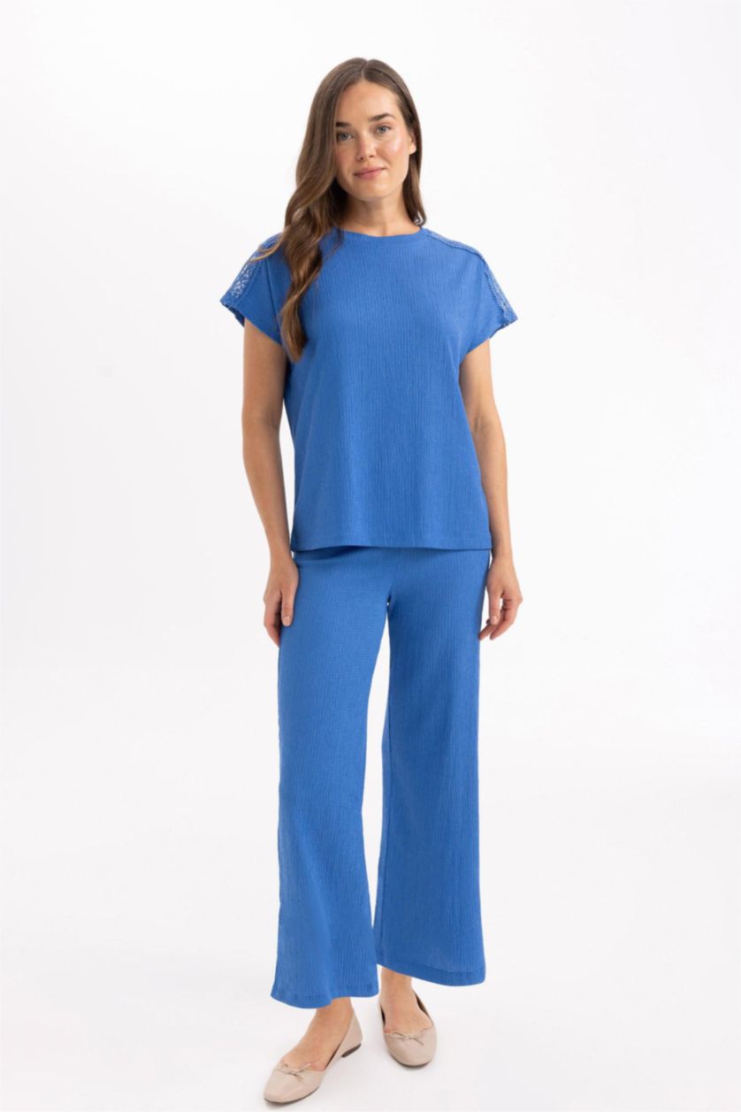 Kadın Royal Bürümcük Kapri Pantolon Wide Leg Geniş Bol Paça Cepli