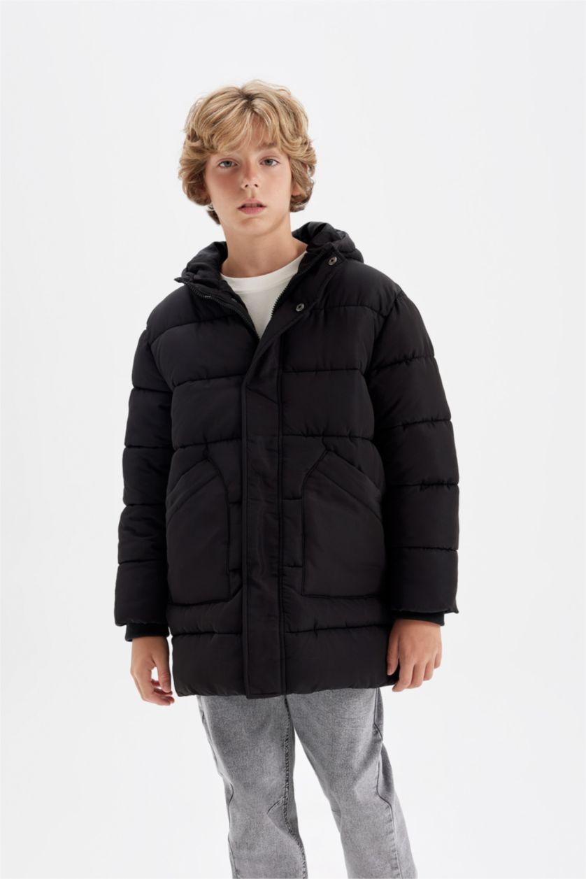 Young Boys - Teen Boys Black Boy Waterproof Hooded Long Jacket