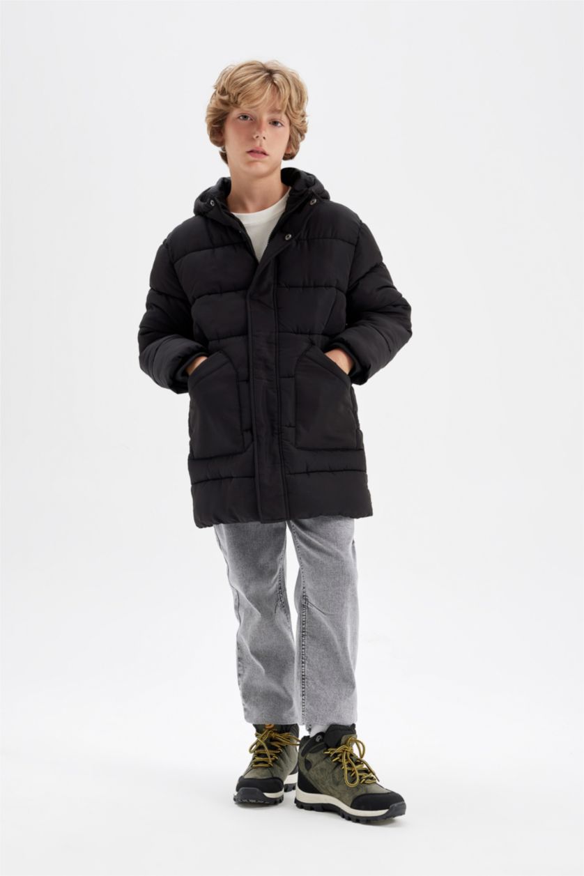 Young Boys - Teen Boys Black Boy Waterproof Hooded Long Jacket