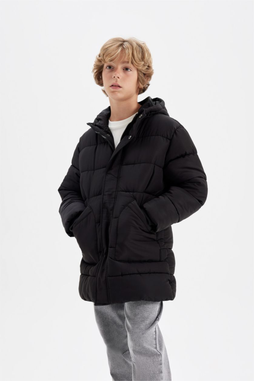 Young Boys - Teen Boys Black Boy Waterproof Hooded Long Jacket