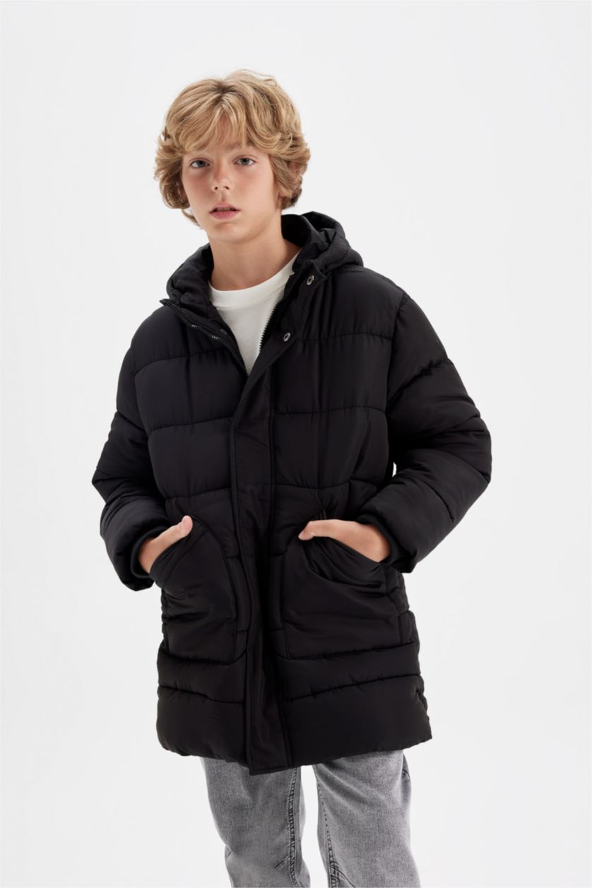 Young Boys - Teen Boys Black Boy Waterproof Hooded Long Jacket