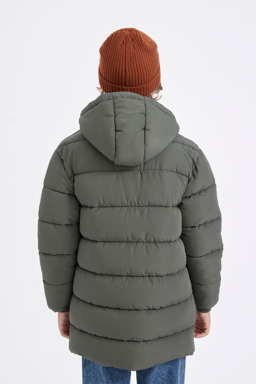 Erkek Çocuk - Genç Erkek Açık Haki Su İtici Kapüşonlu Fermuarlı Çıtçıt Kapamalı Cepli Şişme Parka Erkek Çocuk