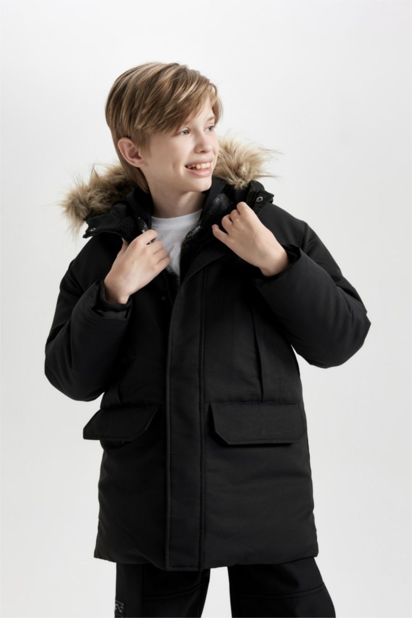 BOYS & TEENS Black Boy Removable Faux Fur Collar Hooded Plush Lining Puffer Jacket