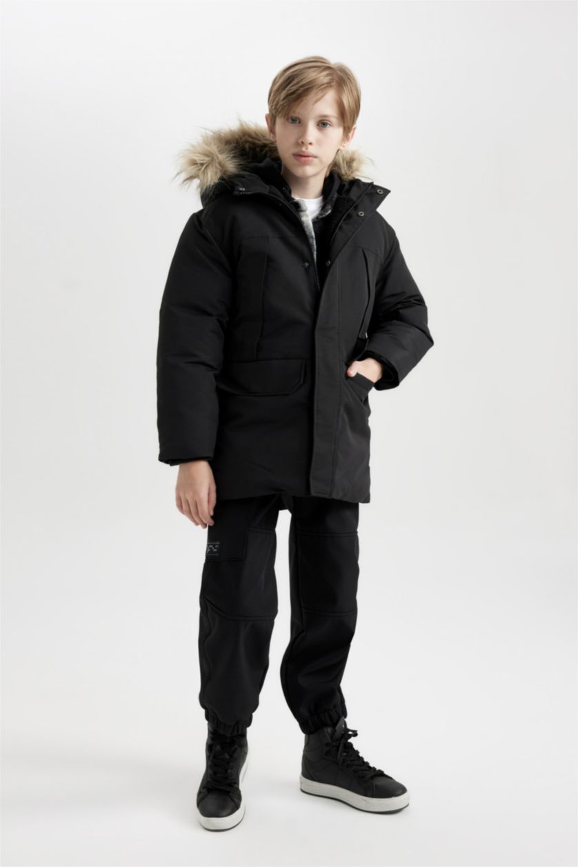 BOYS & TEENS Black Boy Removable Faux Fur Collar Hooded Plush Lining Puffer Jacket