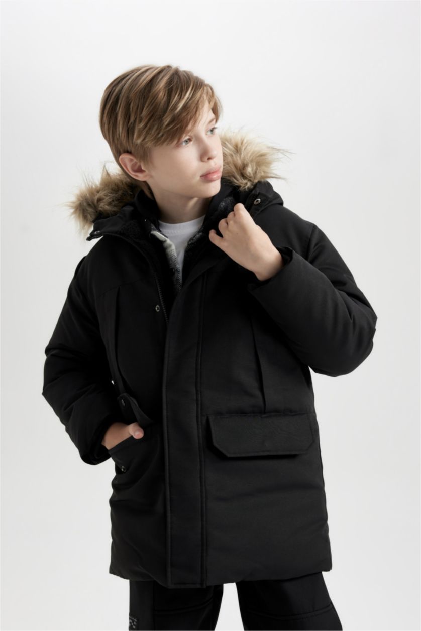 BOYS & TEENS Black Boy Removable Faux Fur Collar Hooded Plush Lining Puffer Jacket