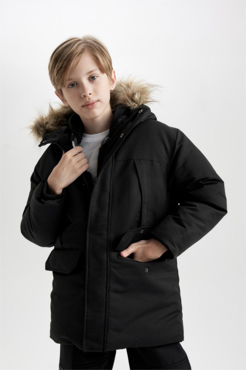 BOYS & TEENS Black Boy Removable Faux Fur Collar Hooded Plush Lining Puffer Jacket