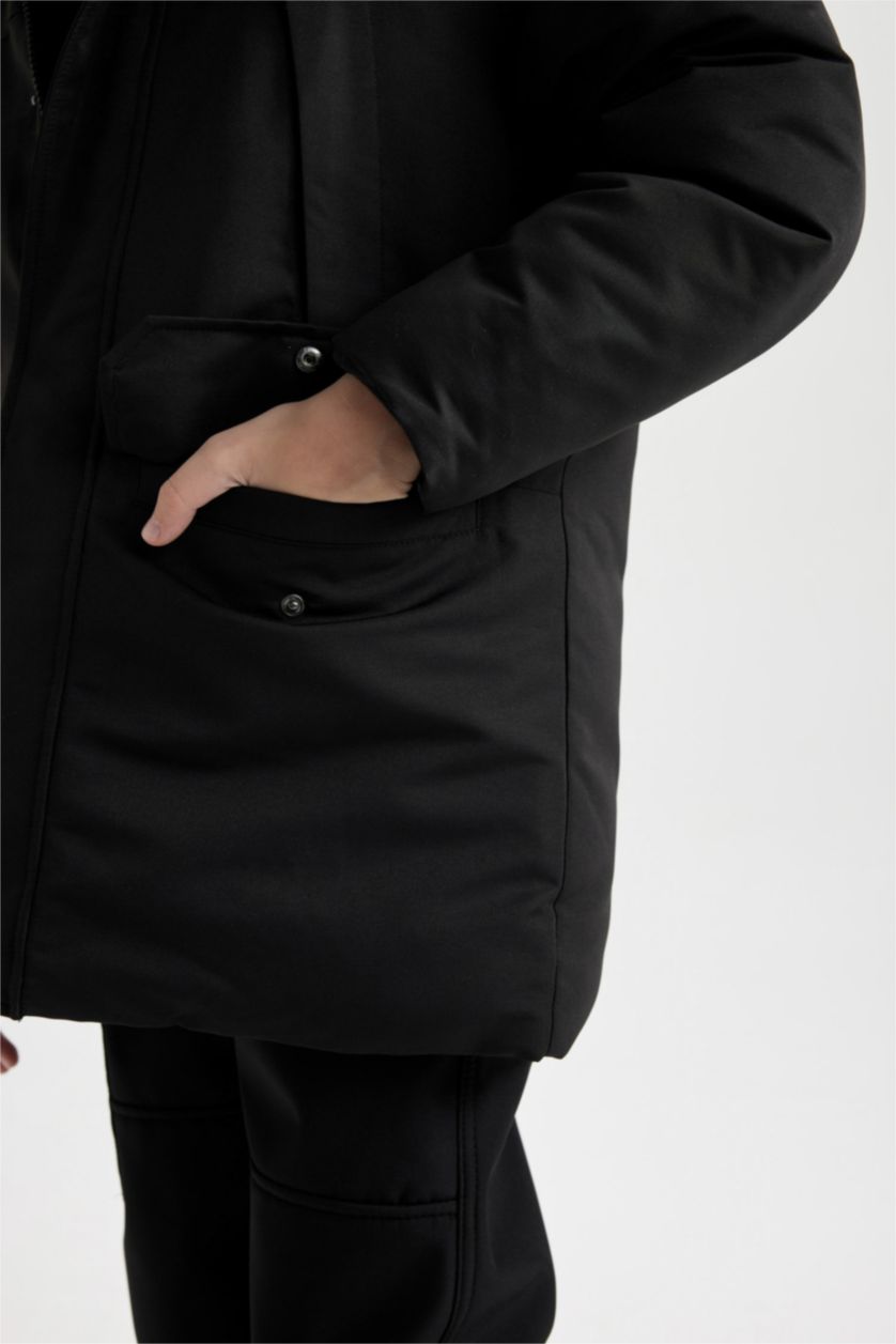BOYS & TEENS Black Boy Removable Faux Fur Collar Hooded Plush Lining Puffer Jacket