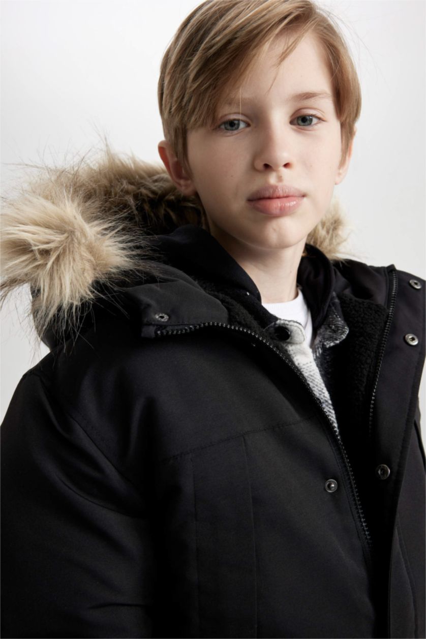 BOYS & TEENS Black Boy Removable Faux Fur Collar Hooded Plush Lining Puffer Jacket