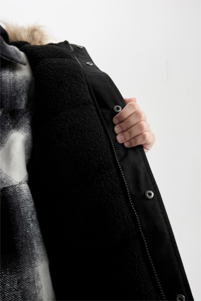 BOYS & TEENS Black Boy Removable Faux Fur Collar Hooded Plush Lining Puffer Jacket