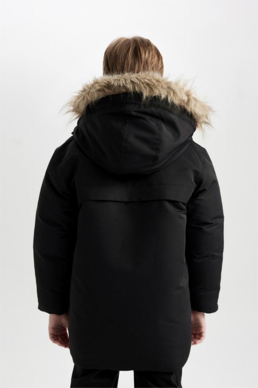 BOYS & TEENS Black Boy Removable Faux Fur Collar Hooded Plush Lining Puffer Jacket