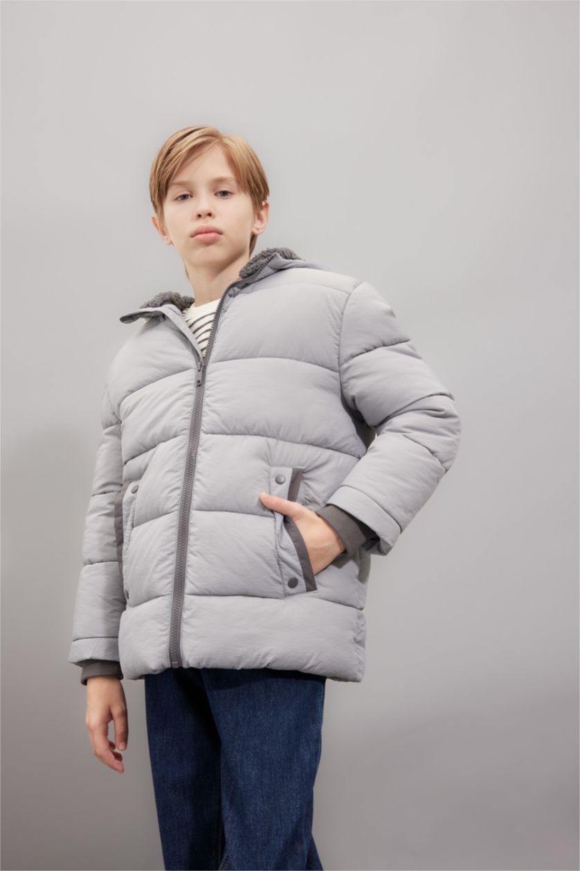 BOYS & TEENS Grey Boy Waterproof Hooded Pocketed Plush Lined Puffer Jacket