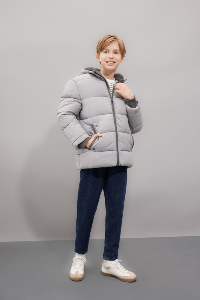BOYS & TEENS Grey Boy Waterproof Hooded Pocketed Plush Lined Puffer Jacket