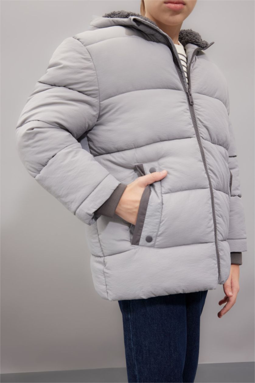 BOYS & TEENS Grey Boy Waterproof Hooded Pocketed Plush Lined Puffer Jacket