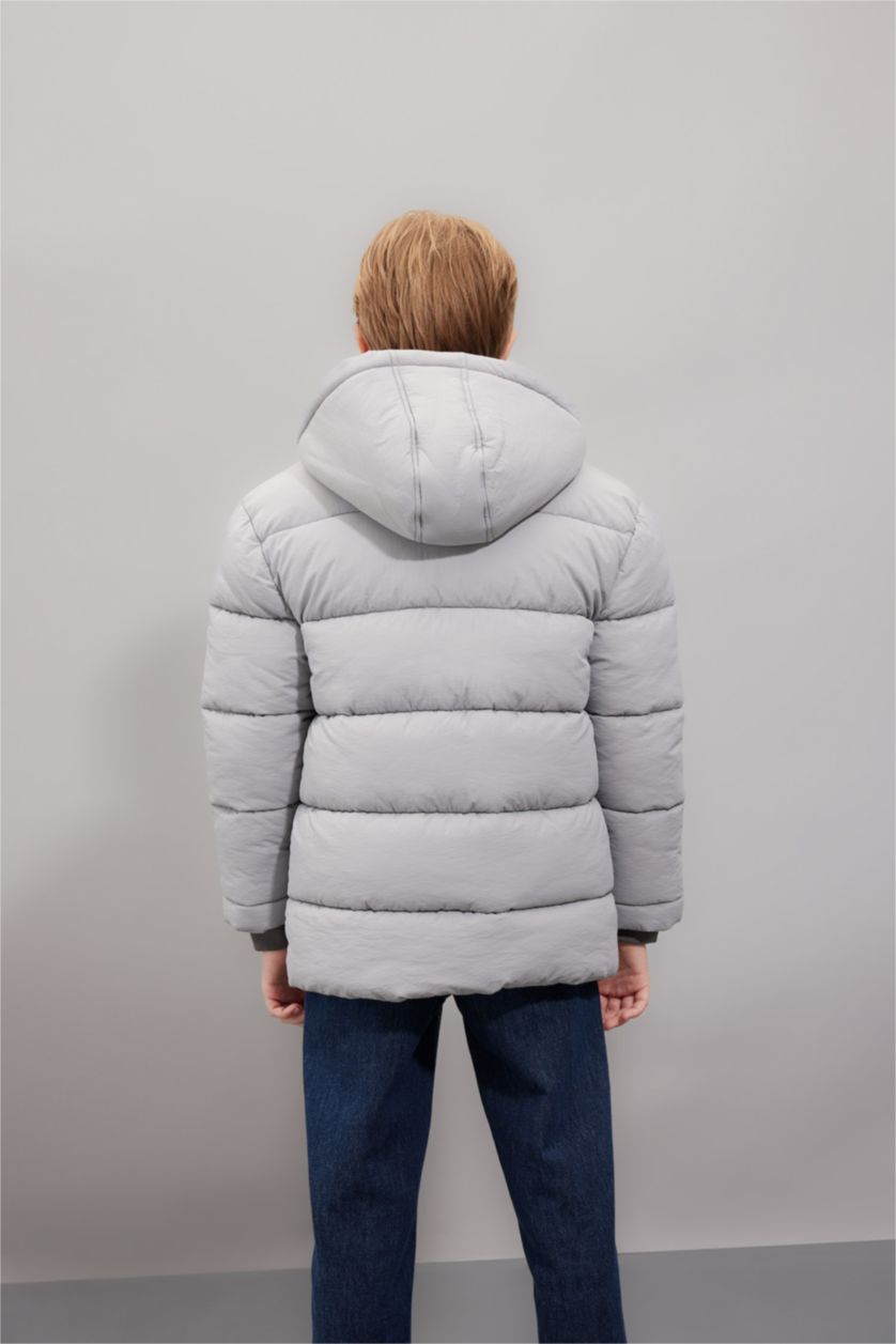 BOYS & TEENS Grey Boy Waterproof Hooded Pocketed Plush Lined Puffer Jacket