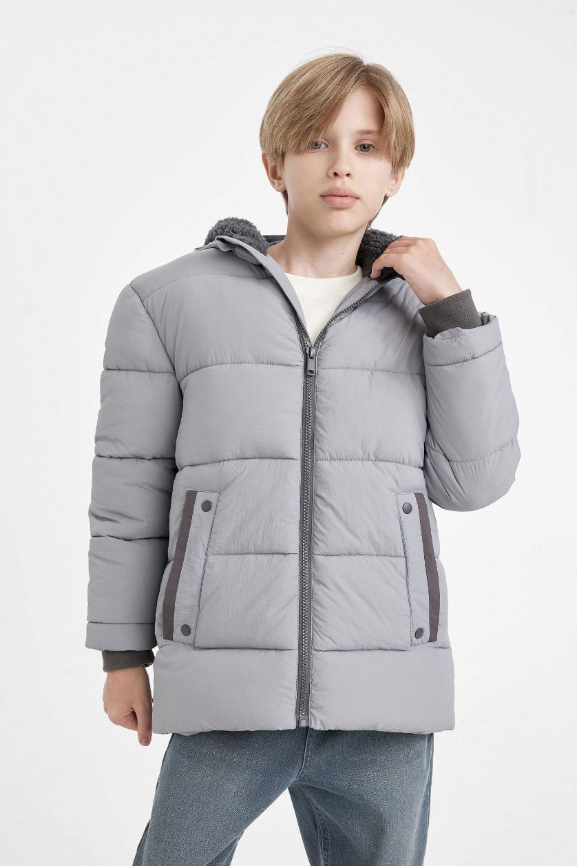 BOYS & TEENS Grey Boy Waterproof Hooded Pocketed Plush Lined Puffer Jacket